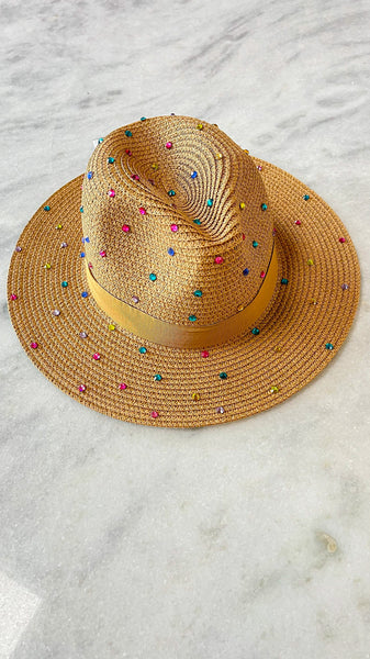 Rhinestone Straw Hat Tan